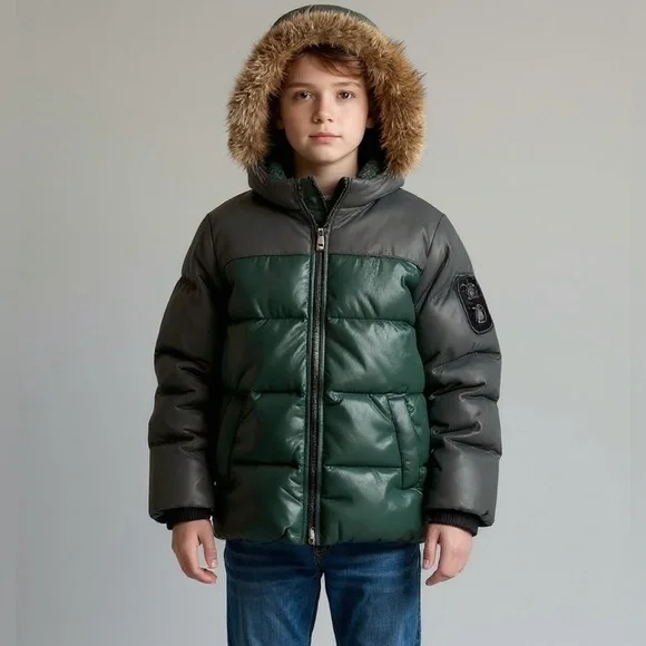 United Colors of Benetton Boys 7-8 Down Puffer Jacket Faux Fur Hood Green Grey - Picture 2 of 9